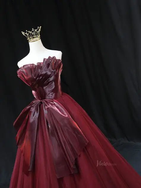 Burgundy Tulle Prom Dresses with Big Bow, Pleated Bodice, Formal Dresses SU068-prom dresses 2025 -Viniodress-Burgundy-Custom Size-