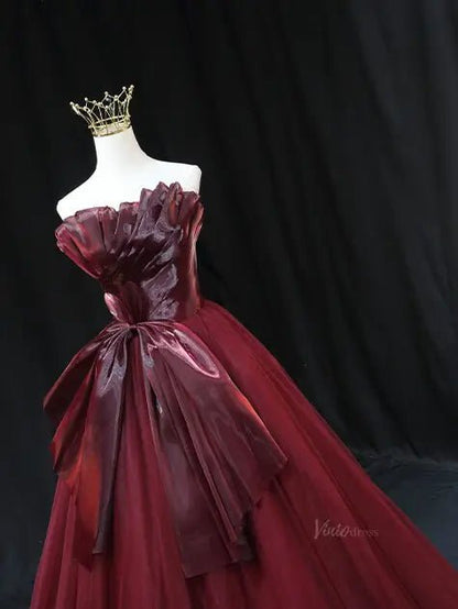 Burgundy Tulle Prom Dresses with Big Bow, Pleated Bodice, Formal Dresses SU068-prom dresses 2025 -Viniodress-Burgundy-Custom Size-
