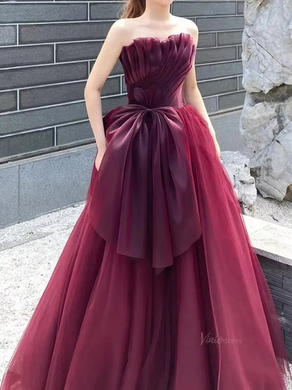 Burgundy Tulle Prom Dresses with Big Bow, Pleated Bodice, Formal Dresses SU068-prom dresses 2025 -Viniodress-Burgundy-Custom Size-