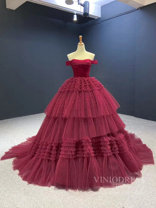 Burgundy Tulle Quinceanera Dresses Off the Shoulder Sweet 16 Dress 67120 viniodress-prom dresses 2025 -Viniodress-Burgundy-Custom Size-