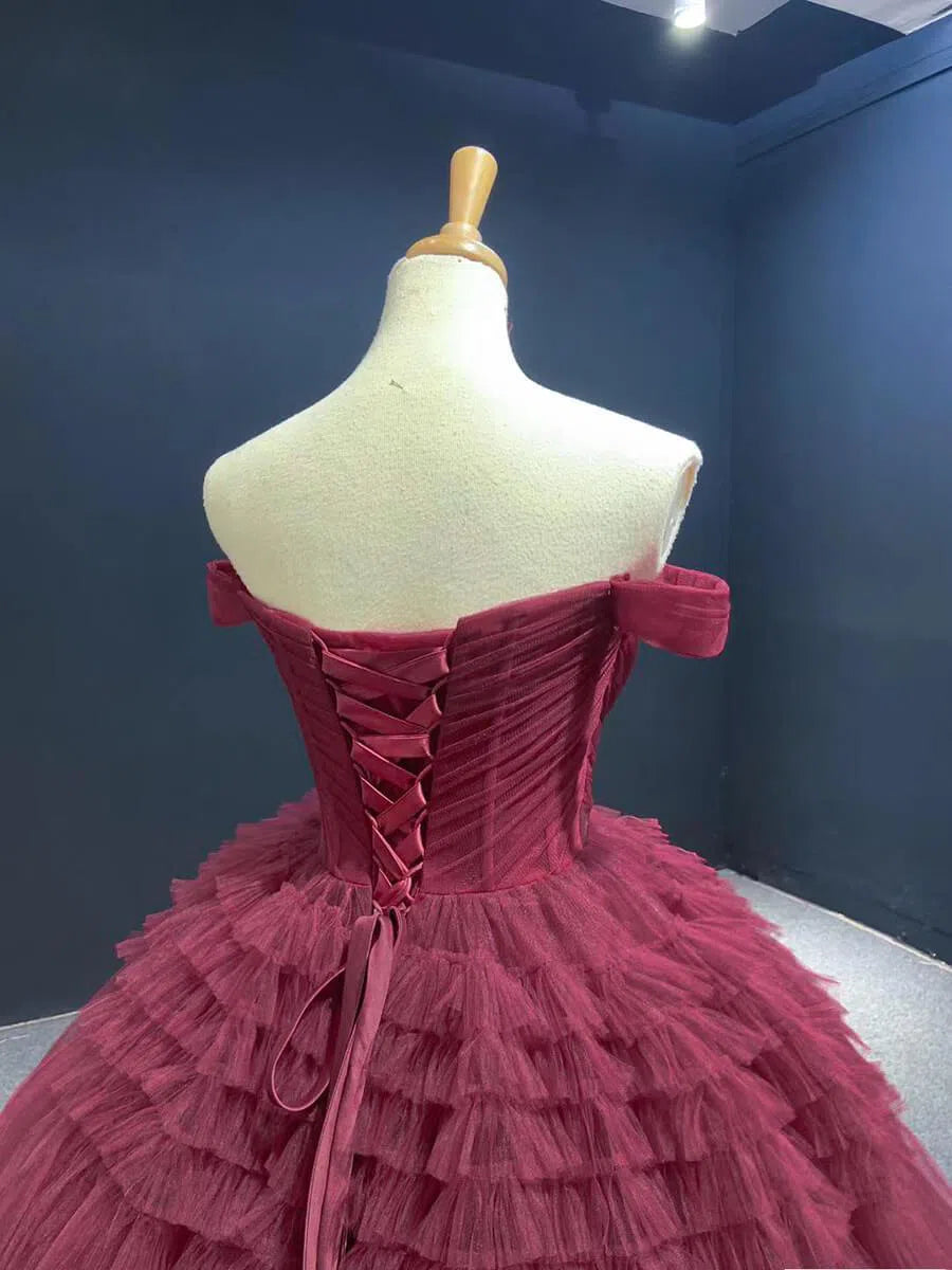 Burgundy Tulle Quinceanera Dresses Off the Shoulder Sweet 16 Dress 67120 viniodress-prom dresses 2025 -Viniodress-Dusty Rose-Custom Size-