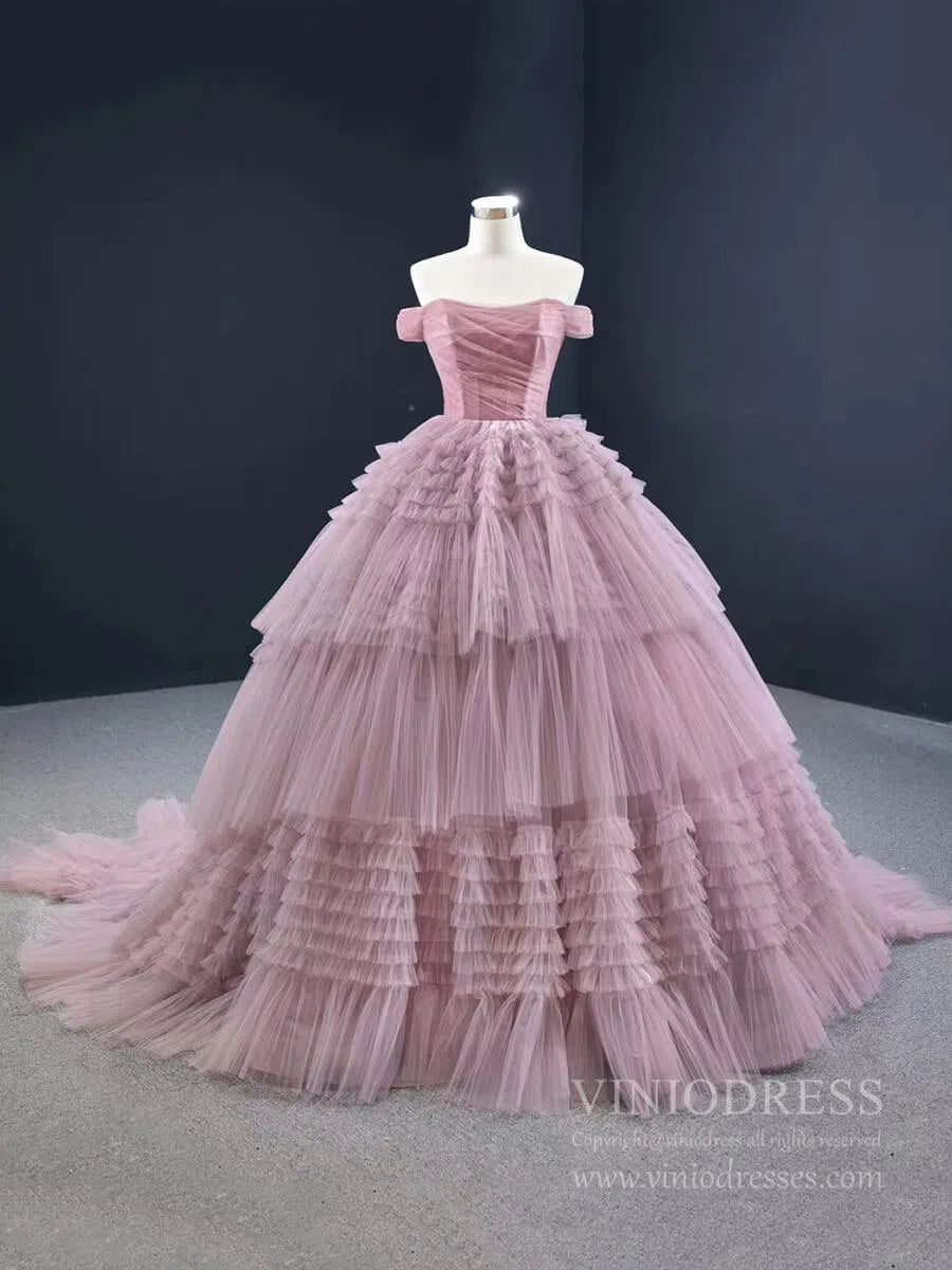 Burgundy Tulle Quinceanera Dresses Off the Shoulder Sweet 16 Dress 67120 viniodress-prom dresses 2025 -Viniodress-Dusty Rose-Custom Size-