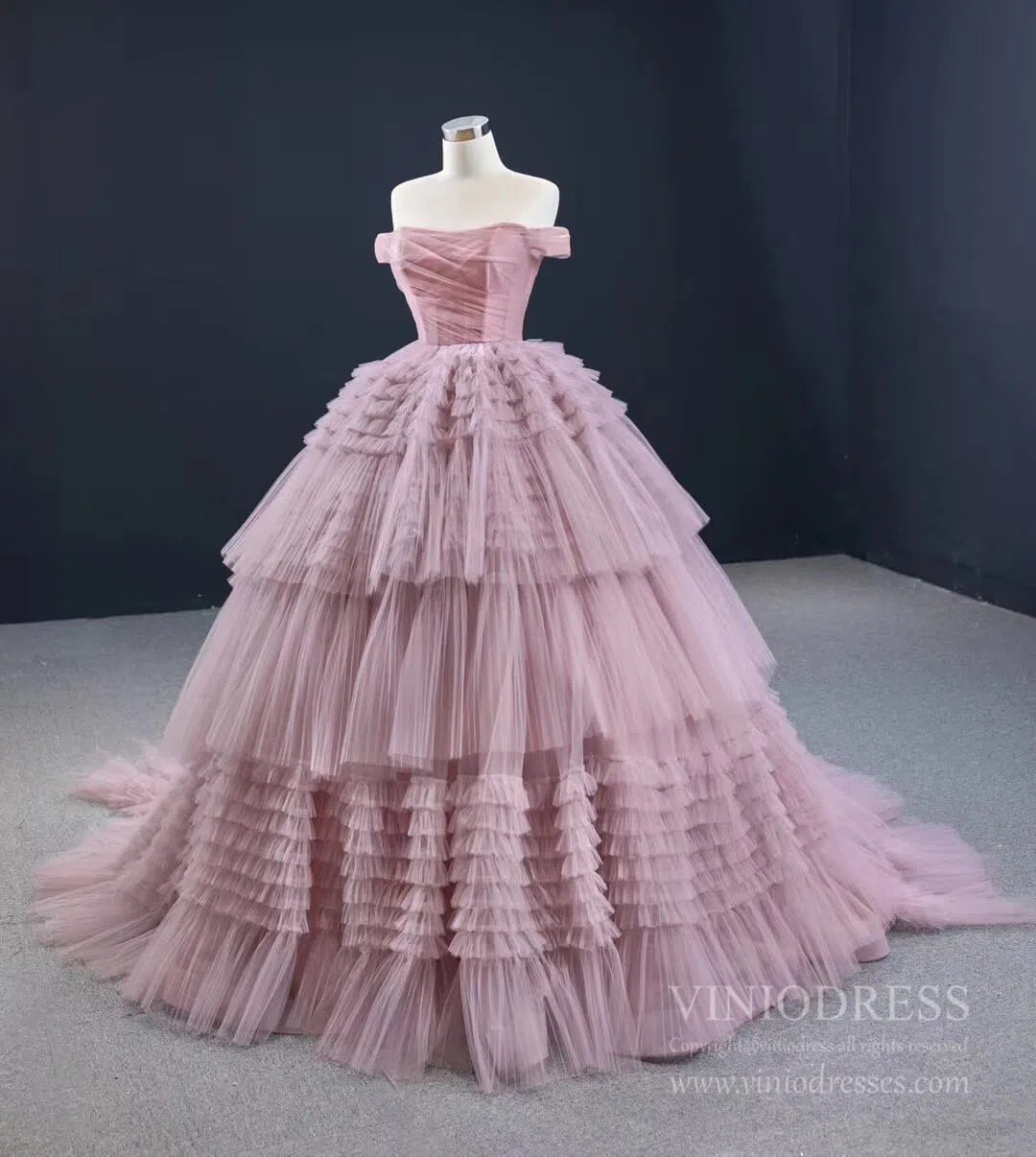 Burgundy Tulle Quinceanera Dresses Off the Shoulder Sweet 16 Dress 67120 viniodress-prom dresses 2025 -Viniodress-Dusty Rose-Custom Size-