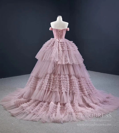 Burgundy Tulle Quinceanera Dresses Off the Shoulder Sweet 16 Dress 67120 viniodress-prom dresses 2025 -Viniodress-Dusty Rose-Custom Size-