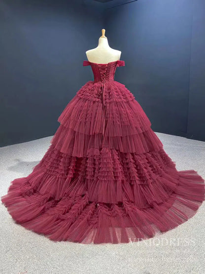 Burgundy Tulle Quinceanera Dresses Off the Shoulder Sweet 16 Dress 67120 viniodress-prom dresses 2025 -Viniodress-Dusty Rose-Custom Size-