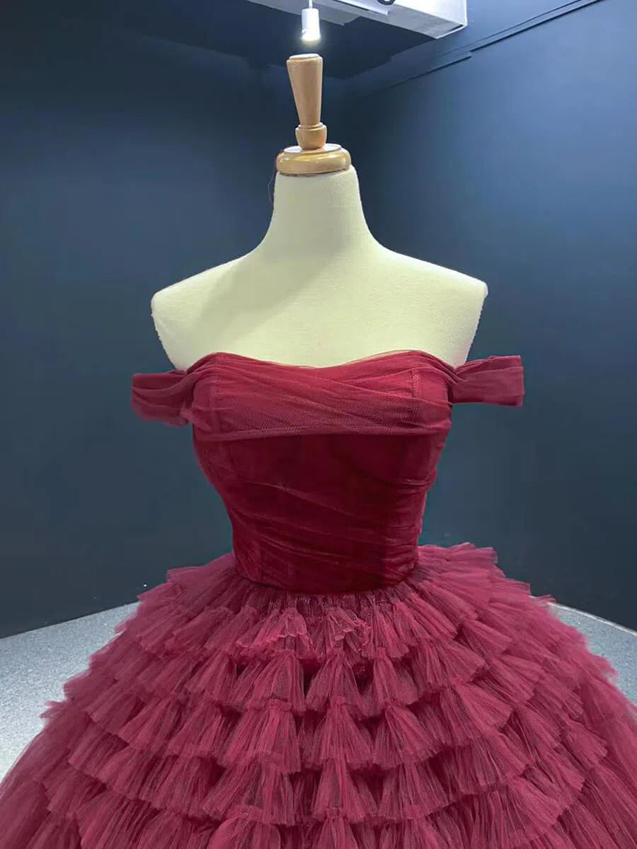 prom dresses 2025 Burgundy Tulle Quinceanera Dresses Off the Shoulder Sweet 16 Dress 67120 viniodress-plus size wedding dresses Viniodress-Dusty Rose-Custom Size-