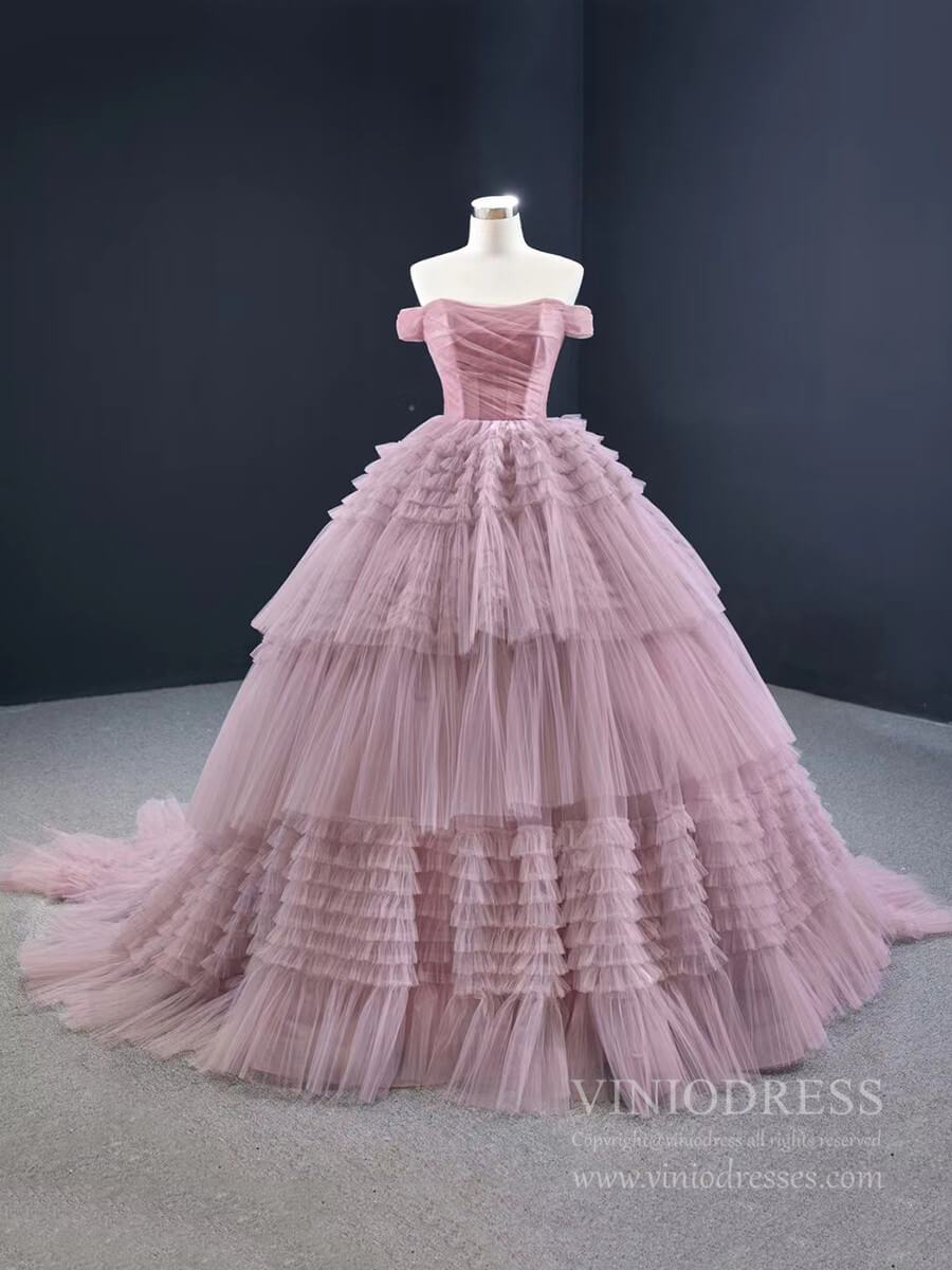 Prom Dress 2025 Burgundy Tulle Quinceanera Dresses Off the Shoulder Sweet 16 Dress 67120 viniodress-unique prom dresses-Dusty Rose-Custom Size-Viniodress