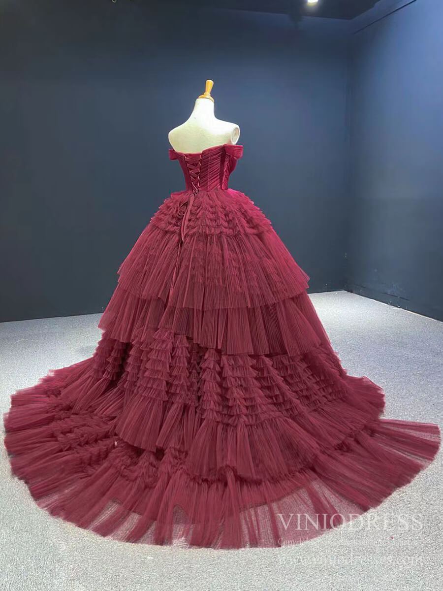 Prom Dress 2025 Burgundy Tulle Quinceanera Dresses Off the Shoulder Sweet 16 Dress 67120 viniodress-unique prom dresses-Dusty Rose-Custom Size-Viniodress