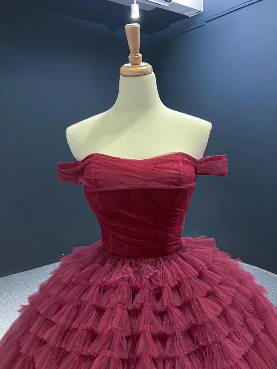 Prom Dress 2025 Burgundy Tulle Quinceanera Dresses Off the Shoulder Sweet 16 Dress 67120 viniodress-unique prom dresses-Dusty Rose-Custom Size-Viniodress