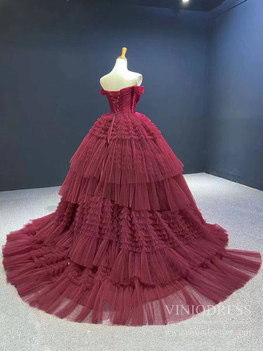 prom dresses 2025 Burgundy Tulle Quinceanera Dresses Off the Shoulder Sweet 16 Dress 67120 viniodress-plus size wedding dresses Viniodress-Dusty Rose-Custom Size-