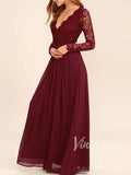 Burgundy V Neck Long Sleeve Bridesmaid Dresses VB1006-bridesmaid dresses-Viniodress-Burgundy-Custom Size-Viniodress