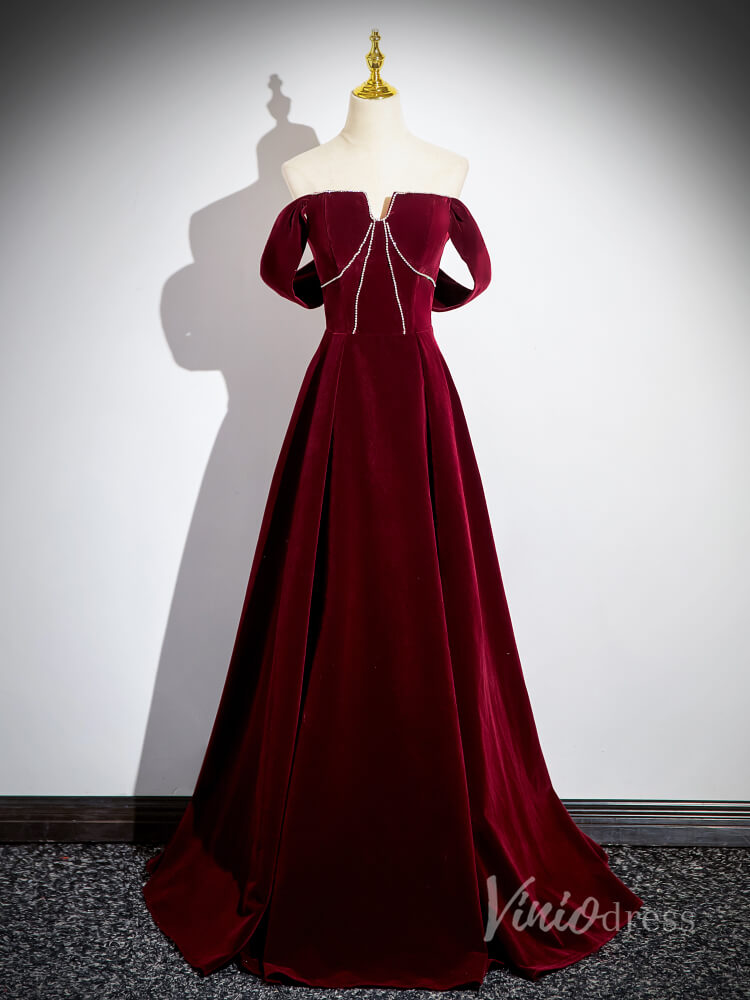 Burgundy Velvet Cheap Prom Dresses 2024 Off the Shoulder Formal Dress 90034-prom dresses-Viniodress-Burgundy-Custom Size-Viniodress