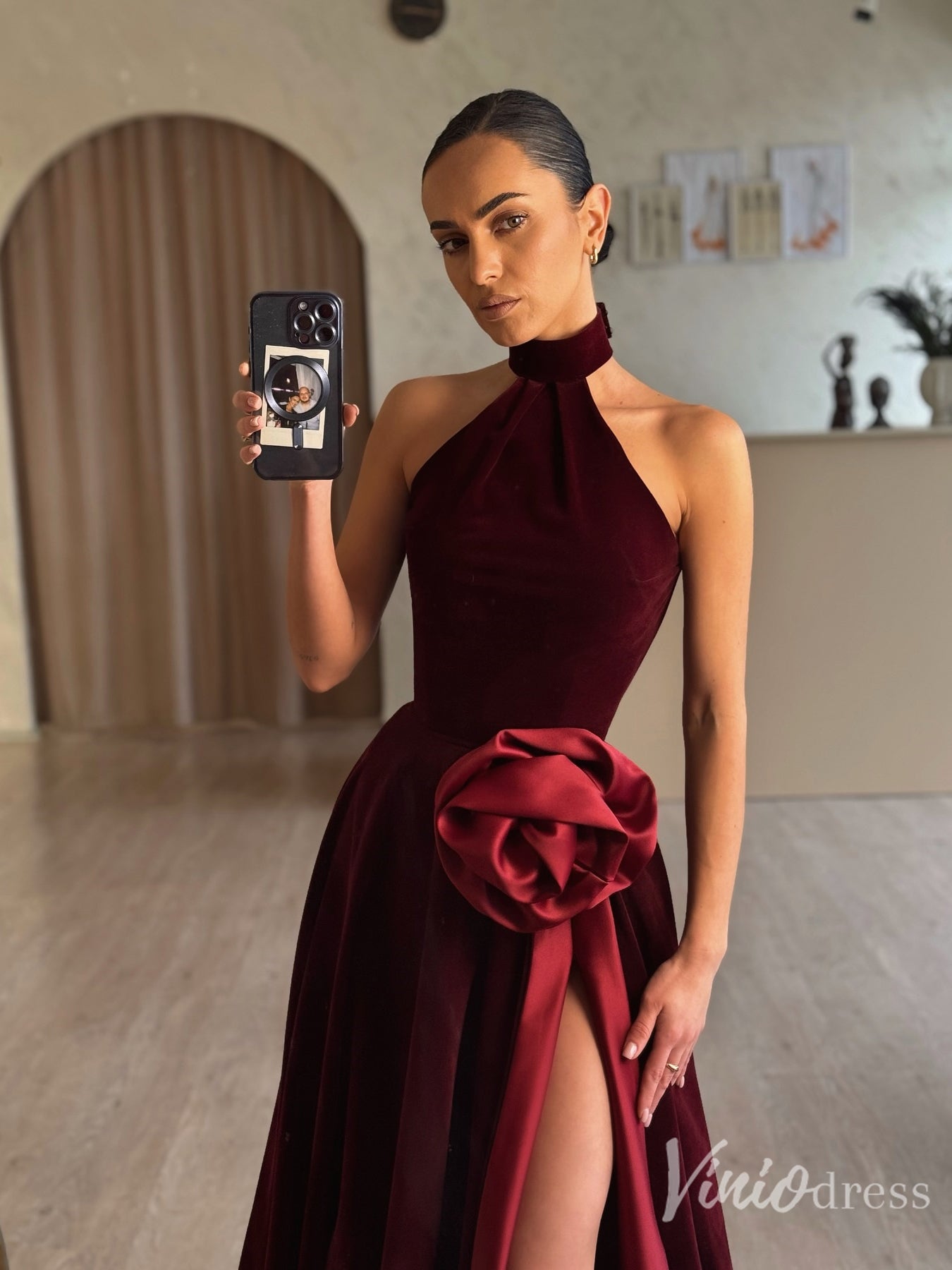 Burgundy Velvet Halter Prom Dress with Slit and Satin Rose – FD6125-prom dresses 2025 -Viniodress-Burgundy-Custom Size-
