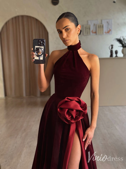 Burgundy Velvet Halter Prom Dress with Slit and Satin Rose – FD6125-prom dresses 2025 -Viniodress-Burgundy-Custom Size-
