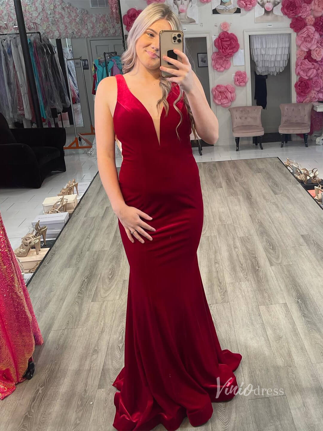 Burgundy Velvet Mermaid Cheap Prom Dresses Plunging V-Neck FD3974-prom dresses-Viniodress-Burgundy-Custom Size-Viniodress