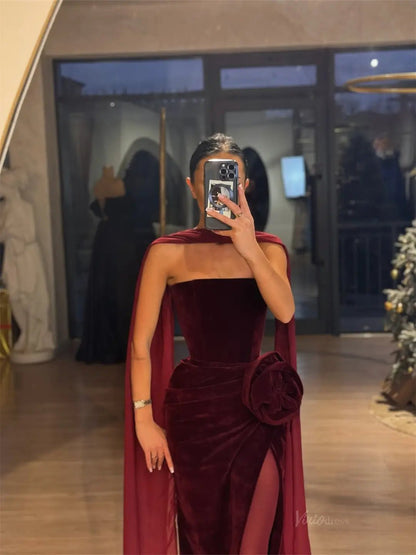 Burgundy Velvet Mermaid Prom Dresses 2025 with Shawl, Slit & 3D Flower – FD5213-prom dresses 2025 -Viniodress-Burgundy-Custom Size-