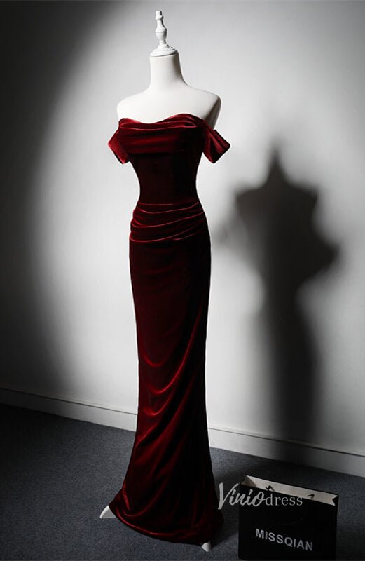 Burgundy Velvet Mermaid Prom Dresses Off the Shoulder Evening Dress AD1223-prom dresses 2025 -Viniodress-Burgundy-Custom Size-