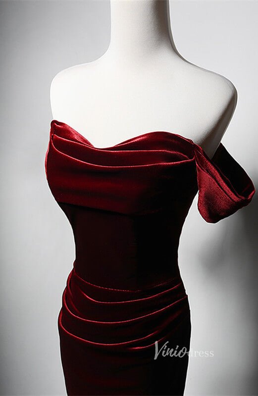 Burgundy Velvet Mermaid Prom Dresses Off the Shoulder Evening Dress AD1223-prom dresses 2025 -Viniodress-Burgundy-Custom Size-