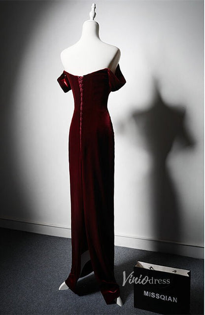 Burgundy Velvet Mermaid Prom Dresses Off the Shoulder Evening Dress AD1223-prom dresses 2025 -Viniodress-Burgundy-Custom Size-