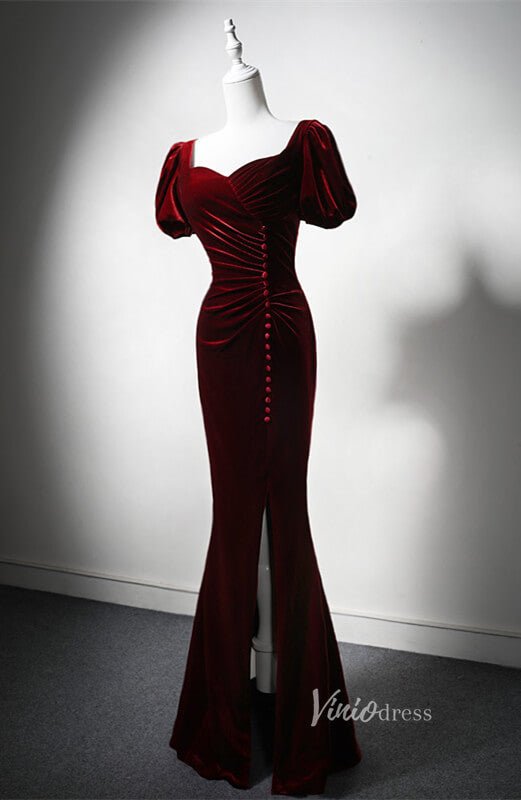 Burgundy Velvet Mermaid Prom Dresses with Slit Puffed Sleeve Evening Dress AD1204-prom dresses 2025 -Viniodress-Burgundy-Custom Size-