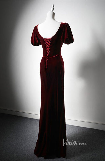 Burgundy Velvet Mermaid Prom Dresses with Slit Puffed Sleeve Evening Dress AD1204-prom dresses 2025 -Viniodress-Burgundy-Custom Size-