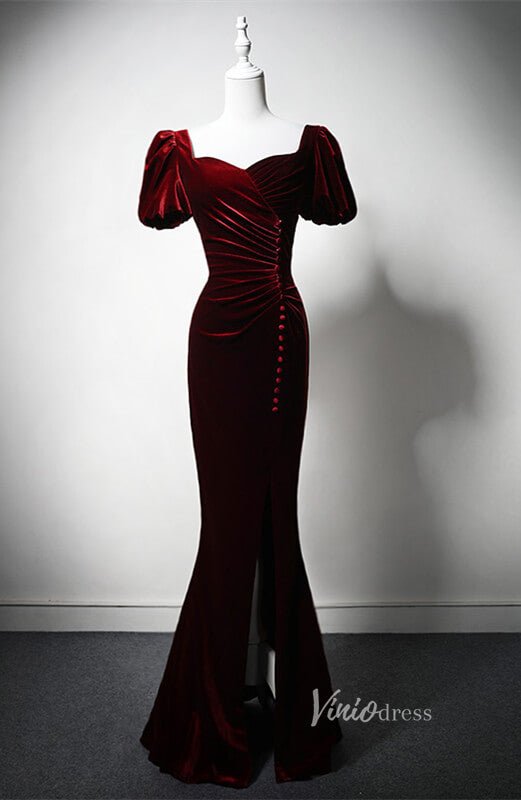 Burgundy Velvet Mermaid Prom Dresses with Slit Puffed Sleeve Evening Dress AD1204-prom dresses 2025 -Viniodress-Burgundy-Custom Size-