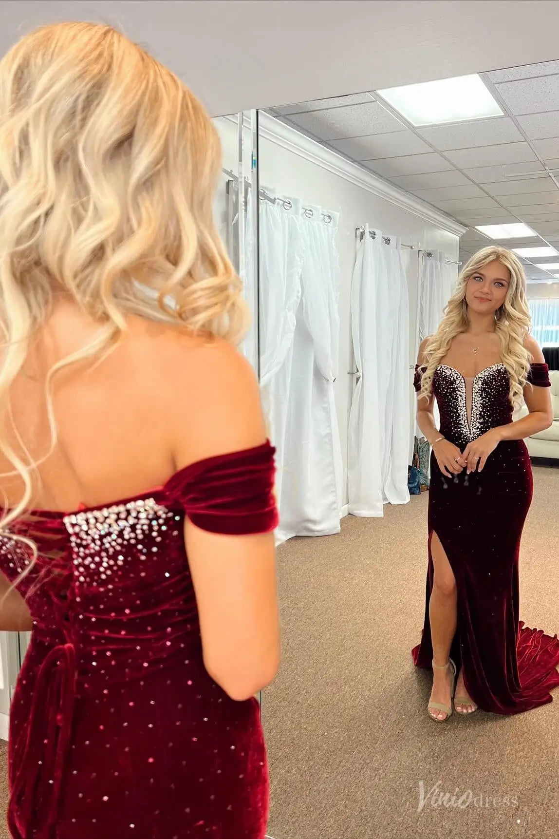 Burgundy Velvet Off-the-Shoulder Prom Dress with Crystal Beaded Sweetheart Bodice & High Slit – SS175-prom dresses 2026-Viniodress-Burgundy-Custom Size-