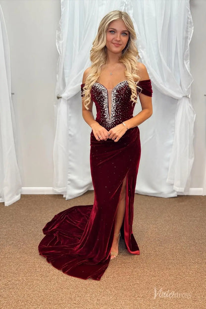Burgundy Velvet Off-the-Shoulder Prom Dress with Crystal Beaded Sweetheart Bodice & High Slit – SS175