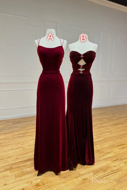 Burgundy Velvet Prom Dress with Lace-Up Back & Floor-Length Silhouette – SS177