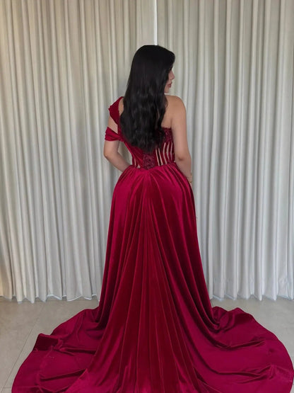 Burgundy Velvet Prom Dress with Overskirt & Slit - FD6090-prom dresses 2025 -Viniodress-Burgundy-Custom Size-