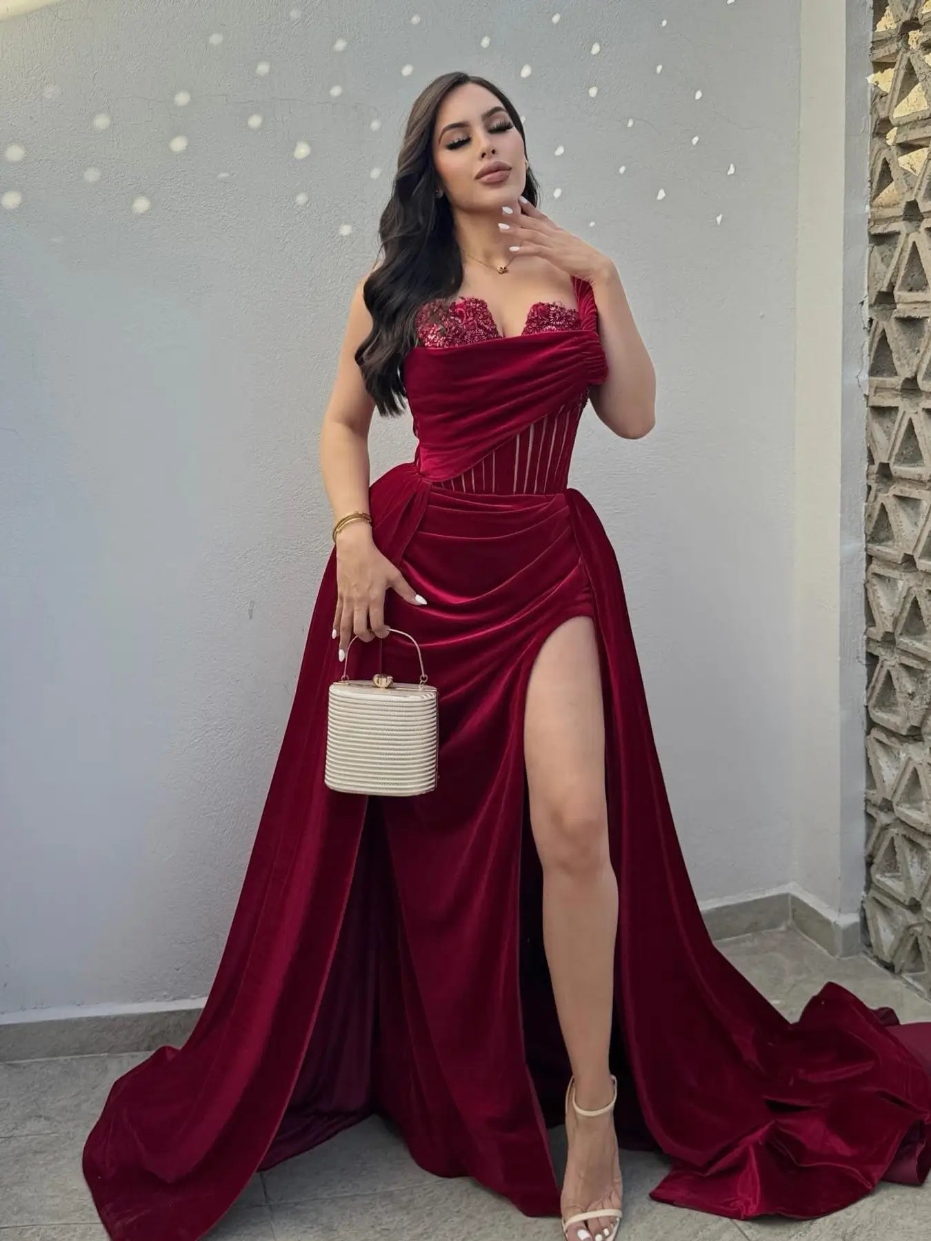 Burgundy Velvet Prom Dress with Overskirt & Slit - FD6090-prom dresses 2025 -Viniodress-Burgundy-Custom Size-