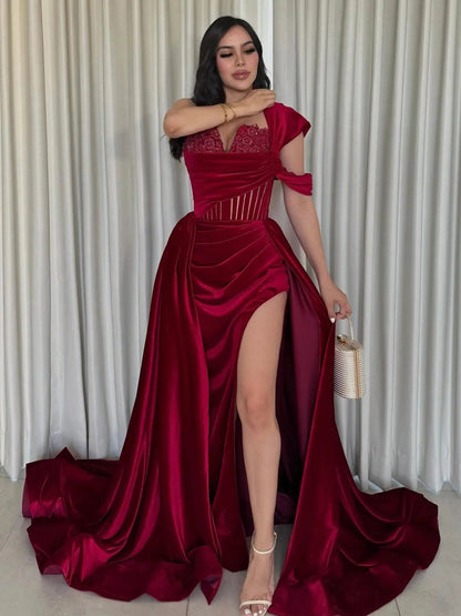 Burgundy Velvet Prom Dress with Overskirt & Slit - FD6090-prom dresses 2025 -Viniodress-Burgundy-Custom Size-