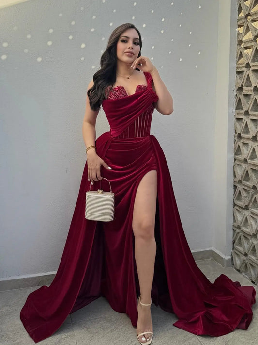 prom dresses 2025 Burgundy Velvet Prom Dress with Overskirt & Slit - FD6090-plus size wedding dresses Viniodress-Burgundy-Custom Size-