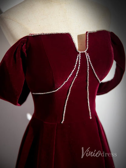 Burgundy Velvet Prom Dresses 2024 Off the Shoulder Formal Dress 90034-prom dresses 2025 -Viniodress-Burgundy-Custom Size-