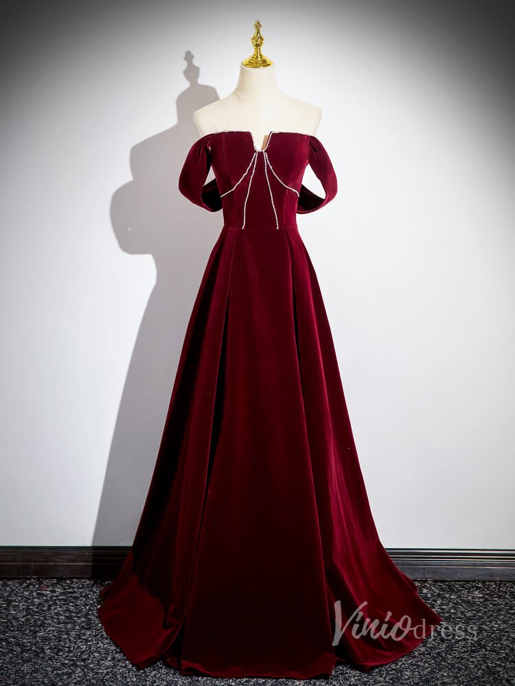 Burgundy Velvet Prom Dresses 2024 Off the Shoulder Formal Dress 90034-prom dresses 2025 -Viniodress-Burgundy-Custom Size-