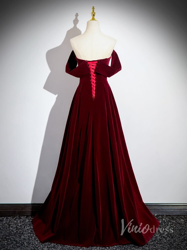 Burgundy Velvet Prom Dresses 2024 Off the Shoulder Formal Dress 90034-prom dresses 2025 -Viniodress-Burgundy-Custom Size-