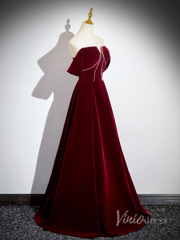 Prom Dress 2025 Burgundy Velvet Cheap Prom Dresses 2024 Off the Shoulder Formal Dress 90034-unique prom dresses-Burgundy-Custom Size-Viniodress