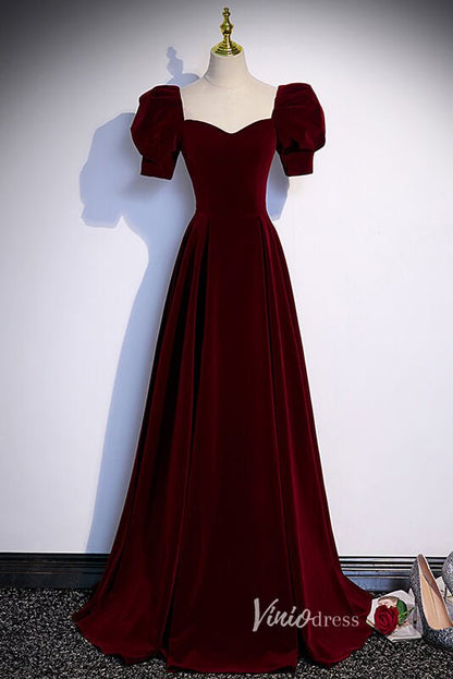 Burgundy Velvet Prom Dresses Puffed Sleeve Formal Dress AD1027-prom dresses 2025 -Viniodress-Burgundy-Custom Size-