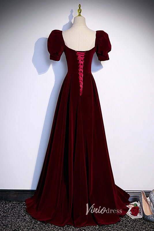 Burgundy Velvet Prom Dresses Puffed Sleeve Formal Dress AD1027-prom dresses 2025 -Viniodress-Burgundy-Custom Size-