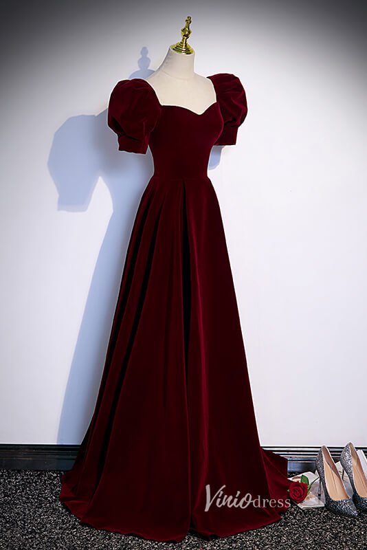 Burgundy Velvet Prom Dresses Puffed Sleeve Formal Dress AD1027 - Viniodressprom dressesBurgundyCustom Size - Formal Dresses - Ball Gowns