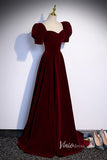 Burgundy Velvet Prom Dresses Puffed Sleeve Formal Dress AD1027-prom dresses-Viniodress-Viniodress