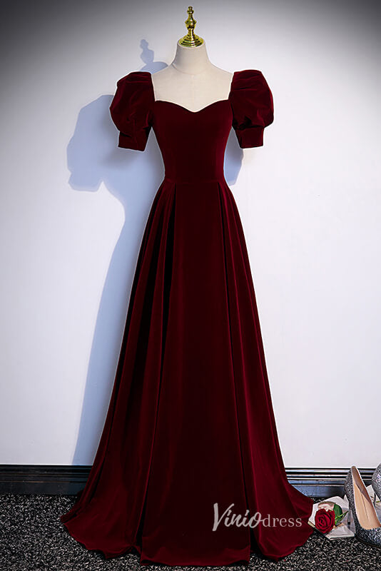 Burgundy Velvet Prom Dresses Puffed Sleeve Formal Dress AD1027-prom dresses-Viniodress-Burgundy-Custom Size-Viniodress