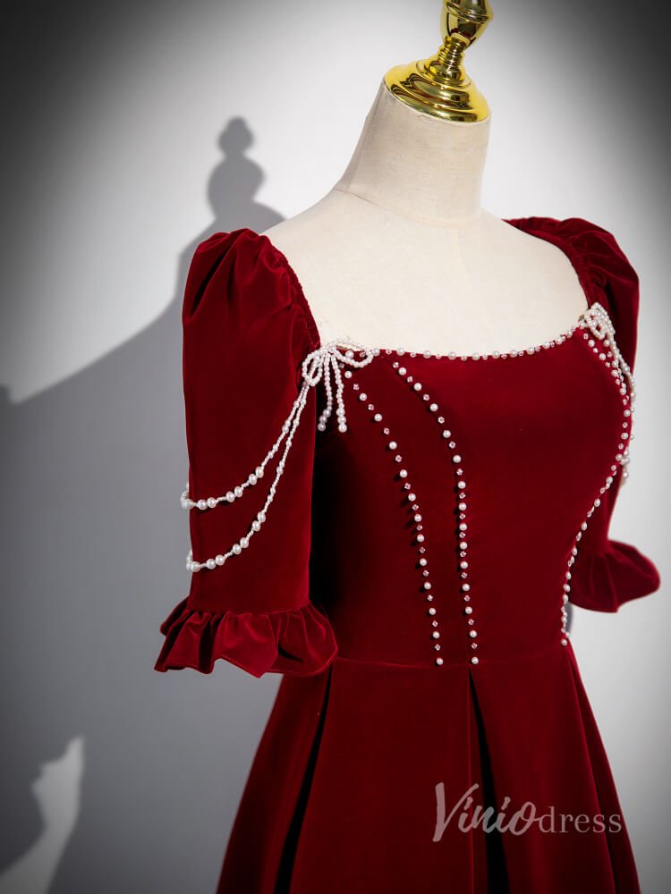 Burgundy Velvet Puffed Sleeve Prom Dresses Pearl String Square Neck 90036-prom dresses 2025 -Viniodress-Burgundy-Custom Size-