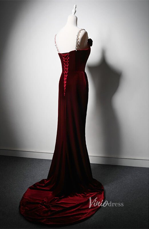 Burgundy Velvet Rosette Prom Dresses Mermaid Spaghetti Strap Formal Dress AD1215-prom dresses 2025 -Viniodress-Burgundy-Custom Size-
