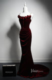 Burgundy Velvet Rosette Prom Dresses Mermaid Spaghetti Strap Formal Dress AD1215-prom dresses-Viniodress-Viniodress