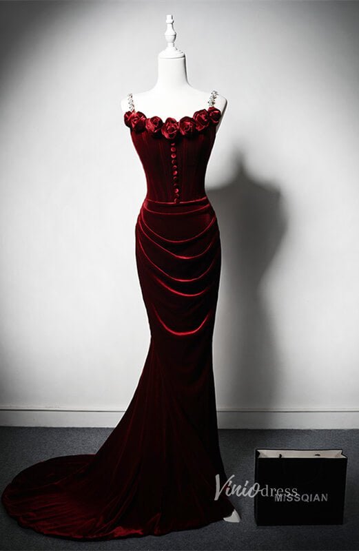 Burgundy Velvet Rosette Prom Dresses Mermaid Spaghetti Strap Formal Dress AD1215 - Viniodressprom dressesBurgundyCustom Size - Formal Dresses - Ball Gowns