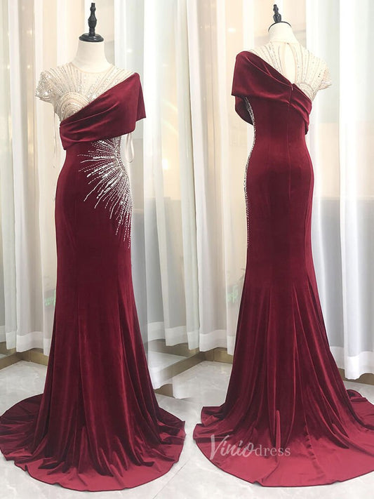 Burgundy Velvet Sheath Prom Dresses Beaded Evening Dress FD2608-Evening Dresses 2025 -VINIODRESS-Burgundy-US2-