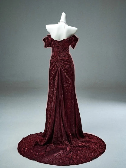 Burgundy Wrinkle Satin Prom Dresses with Bow, Boned Bodice & Corset Back - CQ0118-Couture Gown 2025 -Viniodress-Burgundy-Custom Size-