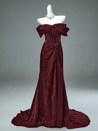 Burgundy Wrinkle Satin Prom Dresses with Bow, Boned Bodice & Corset Back - CQ0118-Couture Gown 2025 -Viniodress-Burgundy-Custom Size-