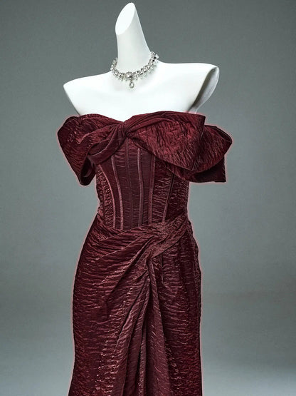 Burgundy Wrinkle Satin Prom Dresses with Bow, Boned Bodice & Corset Back - CQ0118-Couture Gown 2025 -Viniodress-Burgundy-Custom Size-
